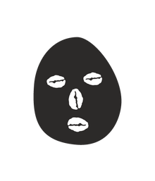 Black face mask with white facial features on a white background