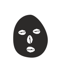 Black face mask with white facial features on a white background